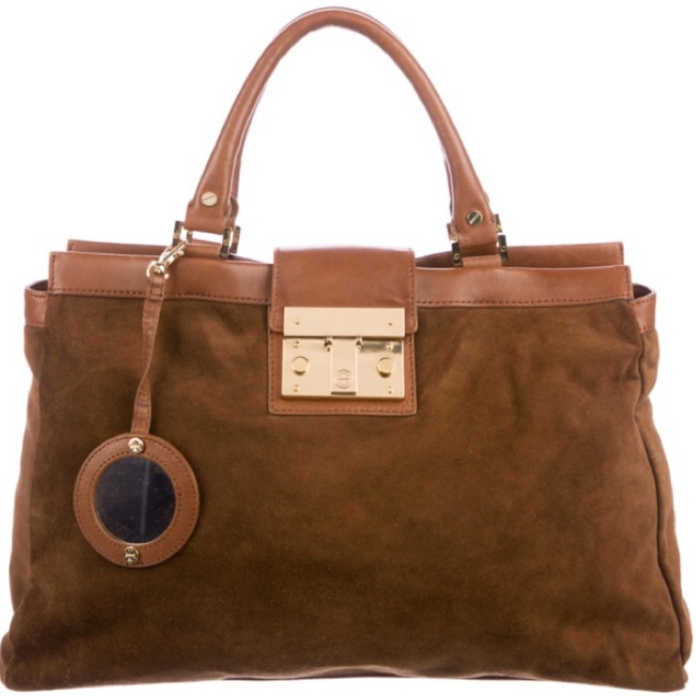 Tory Burch suede caramel push-lock tote